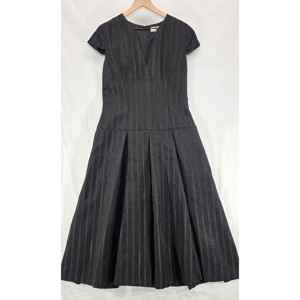 Amanda Wakeley Pleated Drop Waist Midi Dress Black Pinstriped Quiet Luxury NWT